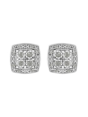 FB Jewels .925 Sterling Silver Unisex Round Diamond Square Cluster Stud Earrings 1/6 Cttw I2-I3 clarity; J-K color 